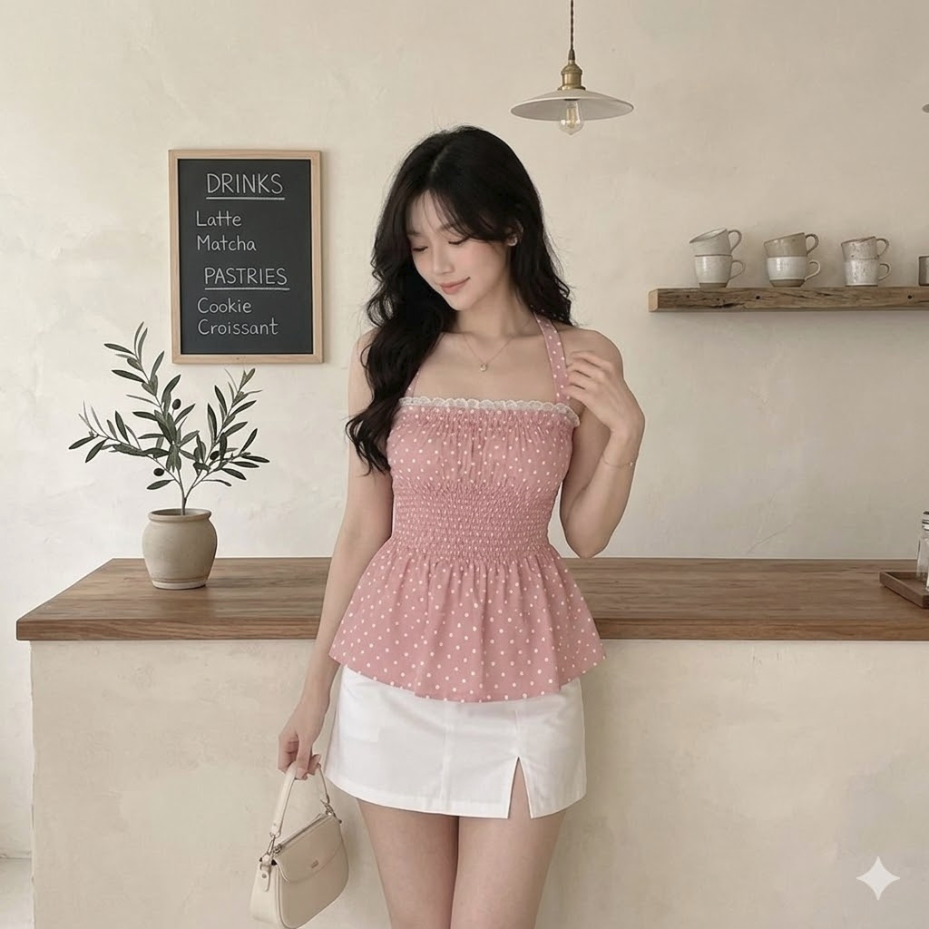 HAILEY Top Polkadot With Lace Halterneck -02 เสื้อสตรี hailey ด้านบนย่น
