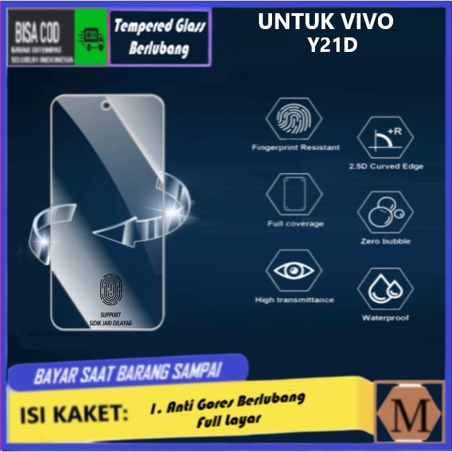 LAYAR Anti-Scratch Clear Perforated Vivo Y21D กระจกนิรภัยพร้อมรูกล้องด้านหน้าแบบเต็มหน้าจอรองรับลายน