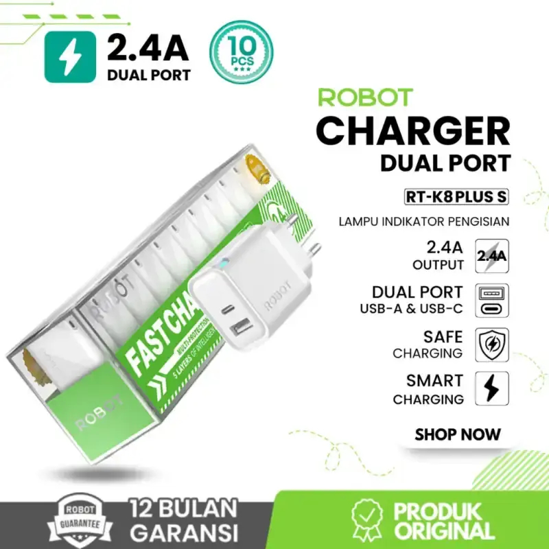 1 กล่อง CONTAINS 10 ชิ้น ROBOT RT-K8 ADAPTER PLUS FASTCHARGING USB A & USB C 12W 2.4A การรับประกันอย