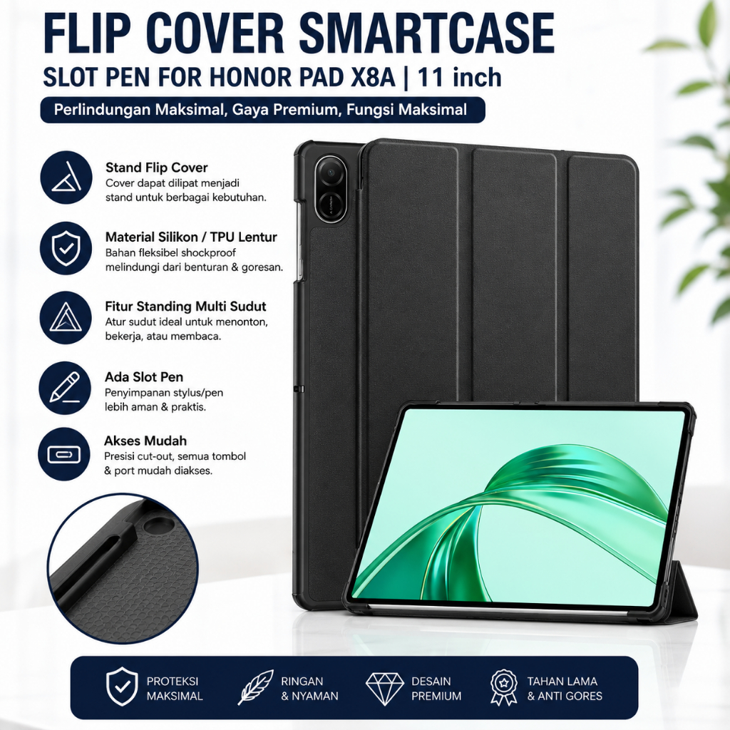 Honor Pad X8A / Smart Case Honor Pad X8A 11 นิ้วสล็อตปากกาพลิกปกหนังสือปลอกแท็บเล็ต