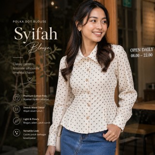 CALEA Syifah Blouse Wanita Polkadot Lengan Panjang Kerut Pinggang  Kemeja Atasan Wanita Modis Slim Fit Body Peplum Fashion Korean Style Kerja Kantor Kasual Elegan Kekinian