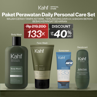 [KAHF BUNDLE 4IN1 PAKET PERAWATAN DAILY USE ESSENTIALS] Paket Personal Care (Face Wash + Sunscreen Moisturizer + Body Wash + Deodorant) - Wajah Cerah Tanpa Ketarik, Terlindungi dari UV, & Badan Bersih Bebas Keringat Seharian - Suitable for Daily Use