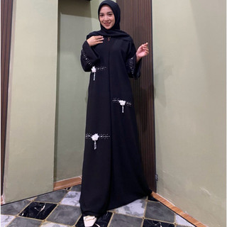 Halimah Abaya Aplikasi Mutiara Bunga Bahan Ceruty Babydoll Model Terbaru Simple Mewah Elegant untuk Penampilan Muslimah Mewah dengan Desain Elegan