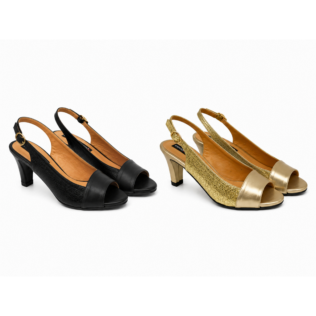 PRIMA CLASSE BNG 1241 Slingback Heels สําหรับผู้หญิง 6.5cm Heel | กากเพชรสีดําสีทอง | รองเท้าแตะสําน