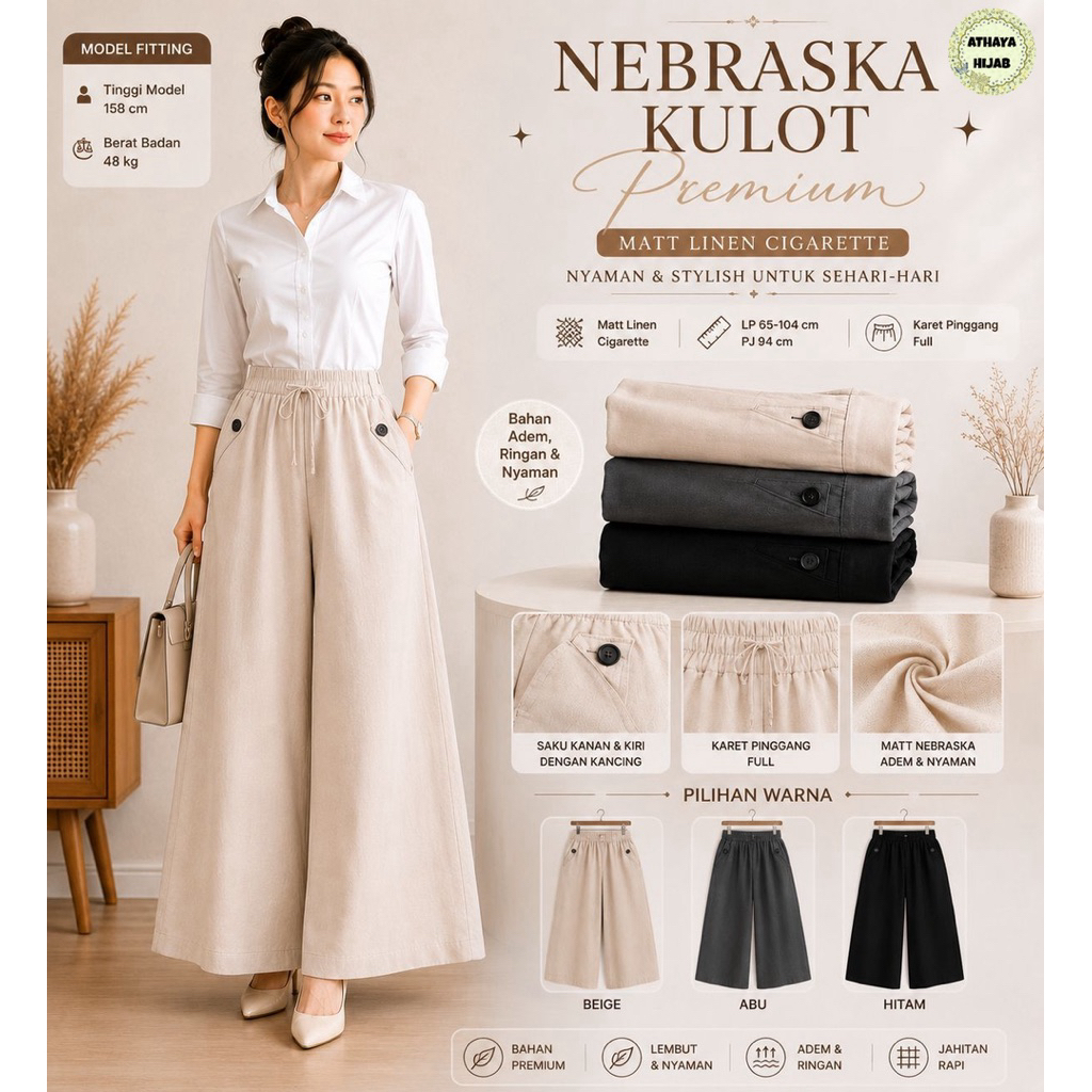 กางเกงขายาวผู้หญิง Nebraska Kulot by Athaya