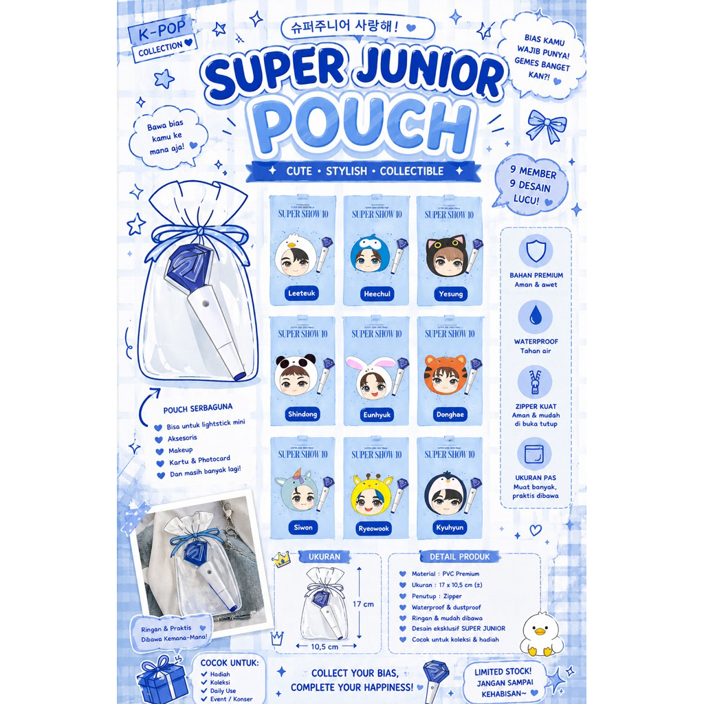 SUPER JUNIOR POUCH LIGHTSTICK ผ้ากันน้ําหรูหราผ้า HEECHUL YESUNG SHINDONG EUNHUYUK DONGHAE SIWON RYE