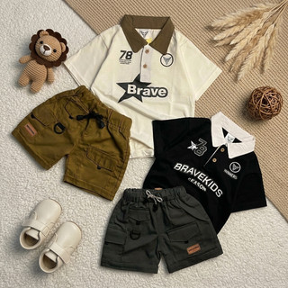 BRAVEKIDS FASHION SETELAN ANAK LAKI LAKI RUGBY TEES KATUN 24S UMUR 1-5 TAHUN T-SHIRT & CELANA COTTON DRILL KARGO COMBED NYAMAN & GAYA SIZE S-M-L BAHAN PAKAIAN ONE SET BAJU ANAK LAKI LAKI COTTON COMBED 24S SABLON PLASTISOL