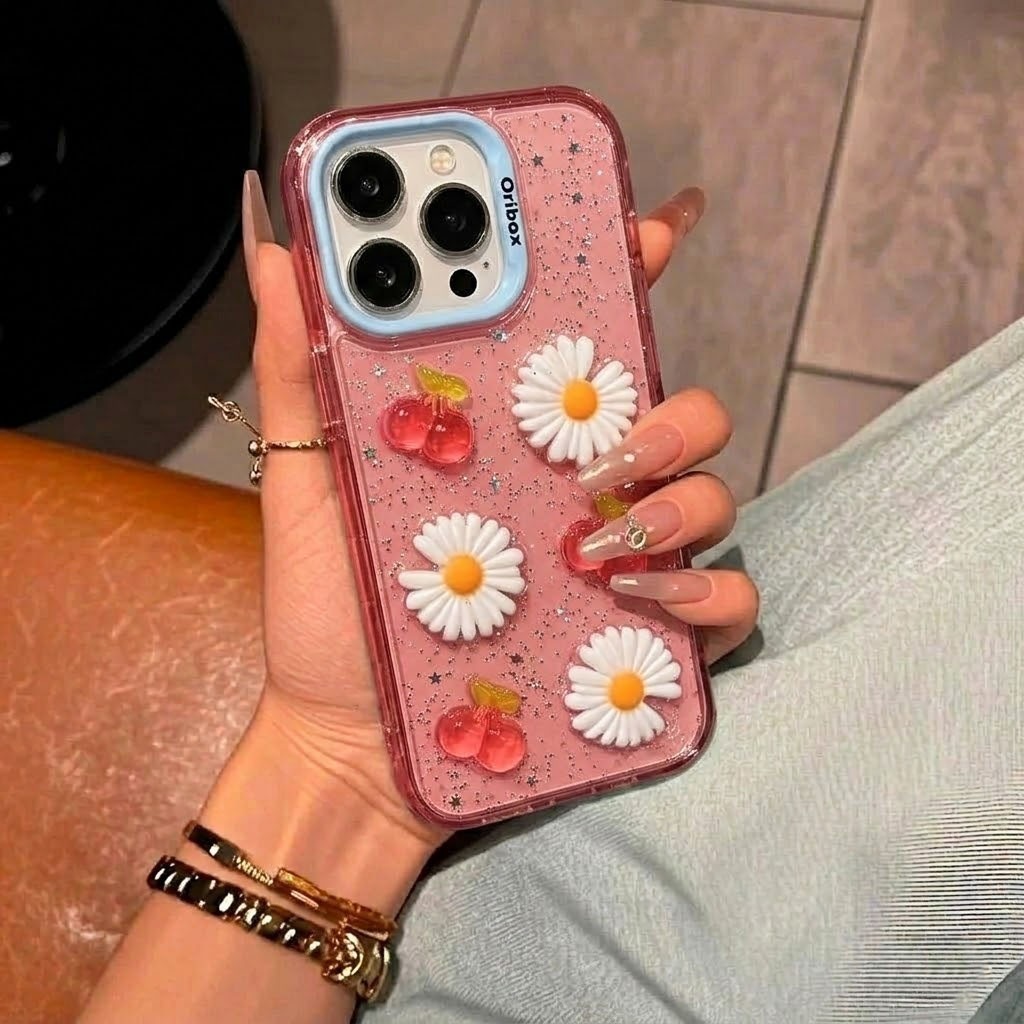 3D Lux Premium Glitter Daisy Cherry สําหรับ Oppo A6X A6 A6S A6T A1K A3S A3X A5i A3 NFC A5S A7 F9 A5X