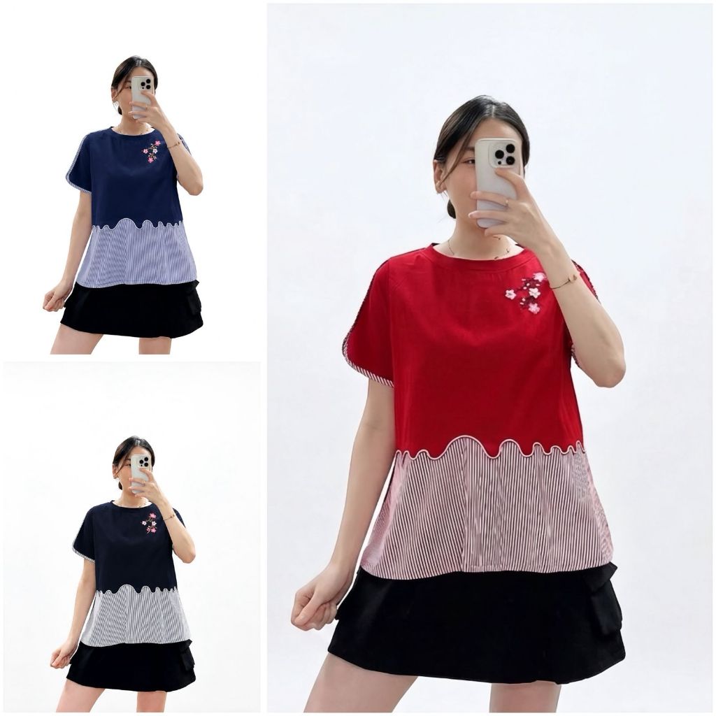 KEMEJA ( BTL ) เสื้อเชิ้ตสตรีปักลายผ้าฝ้ายพร้อมลายทาง / เสื้อสตรีพร้อมคอปกกลม