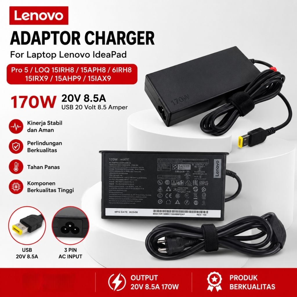 อะแดปเตอร์ชาร์จสําหรับ Lenovo IdeaPad Pro 5 LOQ 15IRH8 15APH8 6IRH8 15IRX9 15AHP9 15IAX9 20V 8.5A 17