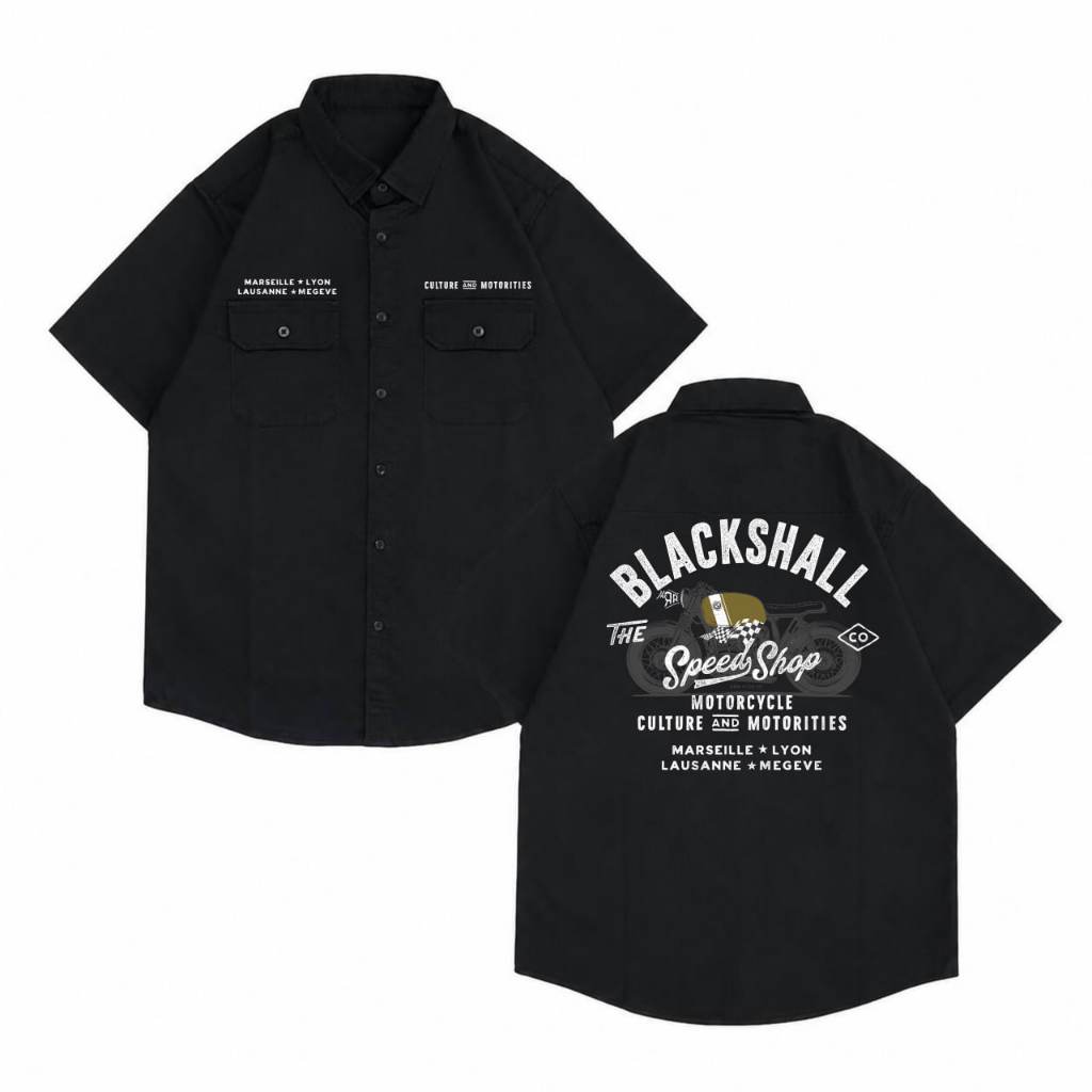KEMEJA KATUN BLACKSHALL ผู้ชายพรีเมี่ยมลําลองแขนสั้นผ้าฝ้ายเจาะ Vintage Retro Biker Workshirt เสื้อ 