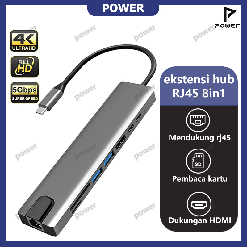 POWER RJ45 8IN1 HUB CONVERTER ประเภท C 3.1 ถึง USB C 4K สาย HDMI 100M อลูมิเนียมแล็ปท็อป Docking Sta