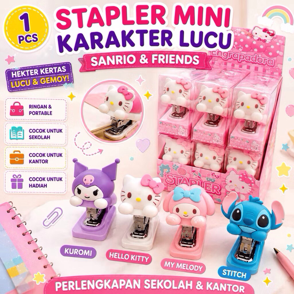 THEDIYLAB X ESTELLE Stapler ตัวละคร Sanrio & Friends น่ารัก | คิตตี้ คุโรมิ สติช มายเมโลดี้ | ลวดเย็บกระดาษแบบพกพาขนาดเล็กสําหรับโรงเรียนและเครื่องเขียนสํานักงาน