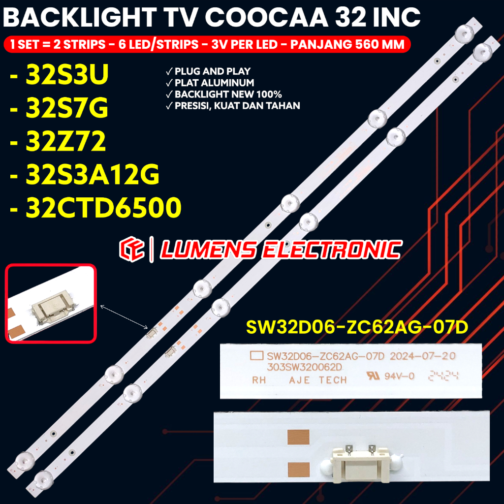 COOCAA 32 นิ้วทีวี BACKLIGHT 32S3U 32S7G 32Z72 32CTD6500 32S3A12G BL LED LAMP 6K SW32D06-ZC62AG-07D