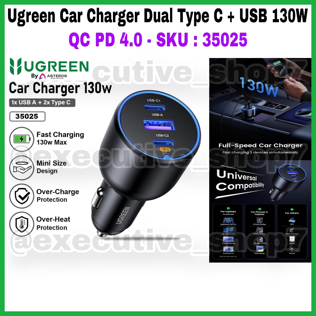 Ugreen Car Charger Dual Type C + USB 130W - QC PD 4.0 - SKU: 35025