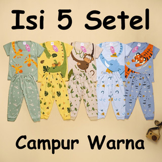 Xiao Wei - (ISI 5 SETEL) Setelan Anak Bayi Laki Laki Animal Zoo Overprint / Baju Bayi Laki Laki / Baju Anak Laki Laki / Baju Anak Anak / Kaos Anak Laki Laki/ Baju Anak 0 - 4 Tahun