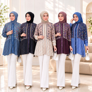 Blouse Wanita Monogram Printing – Kemeja Muslim Lengan Panjang Elegan – Atasan Silk Premium Terbaru