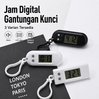 Gantungan Kunci Jam Digital Mini LCD Silent Anti Tik Tok Jam Ujian Portable Hitam Putih
