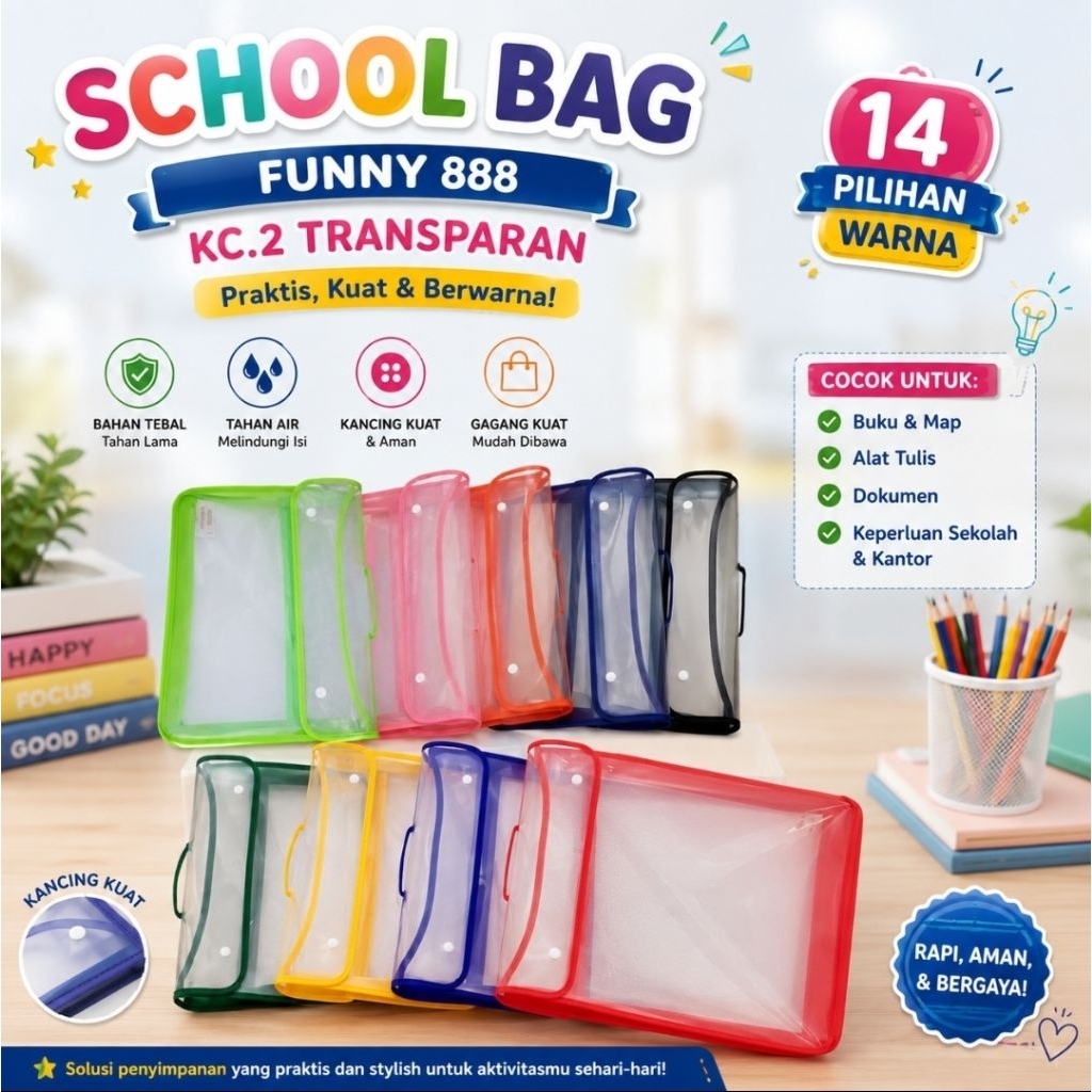 กระเป๋า SCHOOL FUNNY 888 LC. 2 ปุ่ม TRANSPARENT 2 / ปุ่ม 4 แผนที่ TR