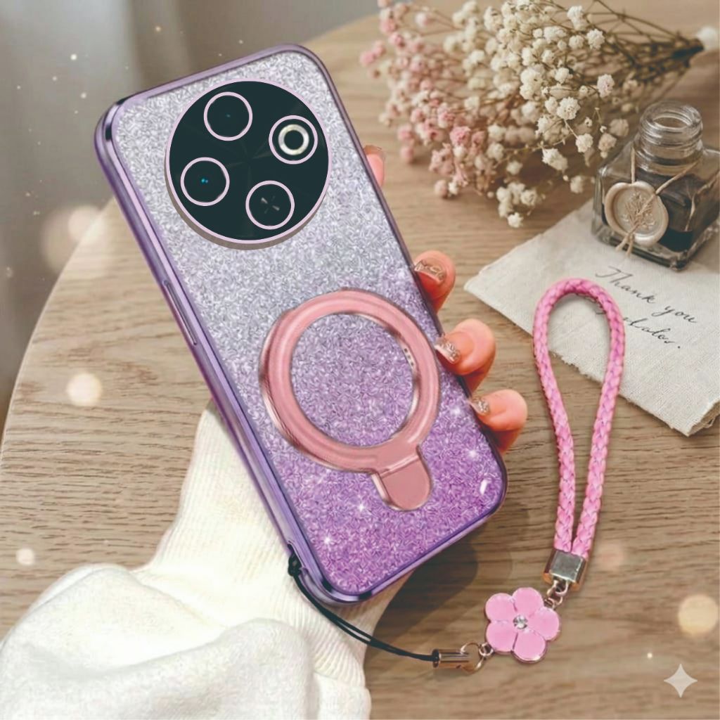 เคสนิ่ม Tecno Spark 30c 30 Pro 20c 20 Pro Luxury Glitter แหวน Magsafe ฟรีเชือกเส้นเล็กดอกไม้