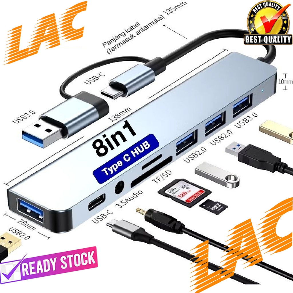 ฮับ USB 8 in 1 พอร์ต USB เสียง SD และ TF