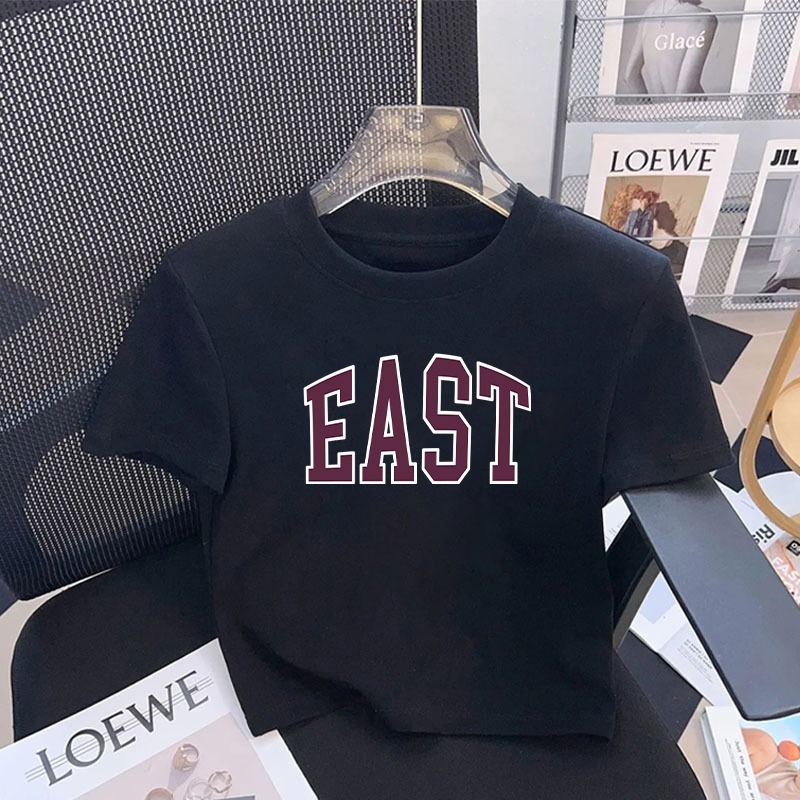 เสื้อครอปแขนสั้นผู้หญิงแฟชั่นที่สวยงามแน่น | Y2K เสื้อครอปผู้หญิง | EAST ตัวอักษรการพิมพ์หน้าจอ | เส