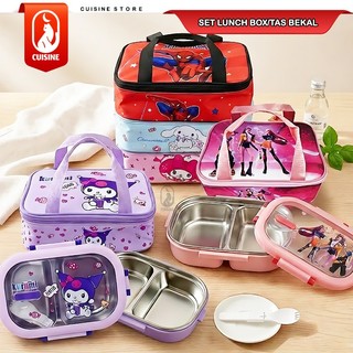 Lunch Box Set Anak Karakter Lucu My Melody Cinnamoroll Kuromi Spiderman Tas Bekal Sekolah Anti Panas