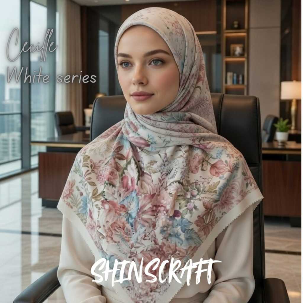 SHINSCRAFT Cecille White Series – Premium Voile Square Hijab 110x110 พิมพ์ลายสีดําเรียบหรู นุ่ม สบาย