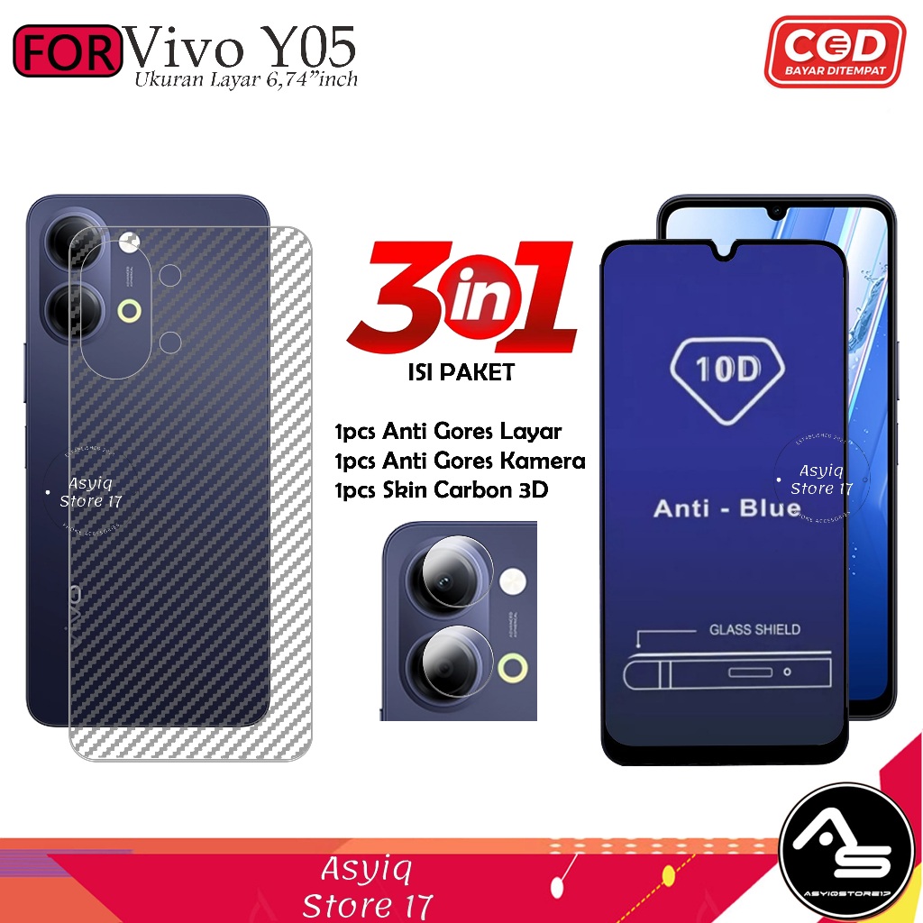 LAYAR 3IN1 กระจกนิรภัย Blue Vivo Y05 YO4 แพ็คเกจเต็มหน้าจอ