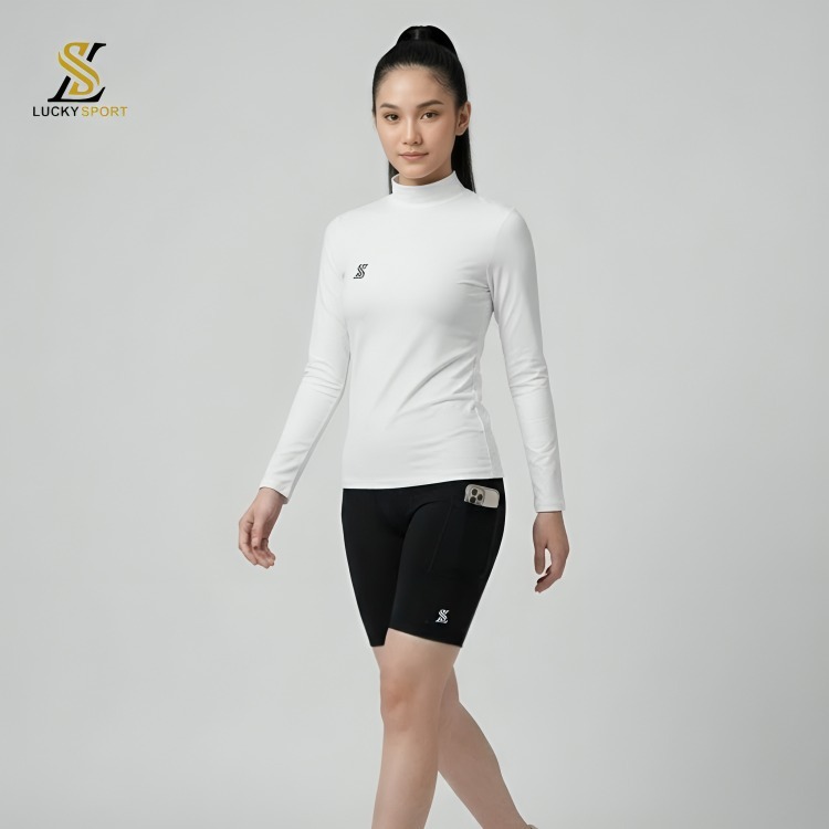 ผู้หญิงคอเต่าแขนยาว Baselayer และกางเกงบีบอัดวิ่งเดินป่าขี่จักรยานยิม Padel