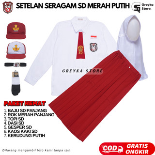 Setelan Super Lengkap Seragam Sekolah SD Merah Putih Baju Panjang Rok Panjang Anak Perempuan Cewek