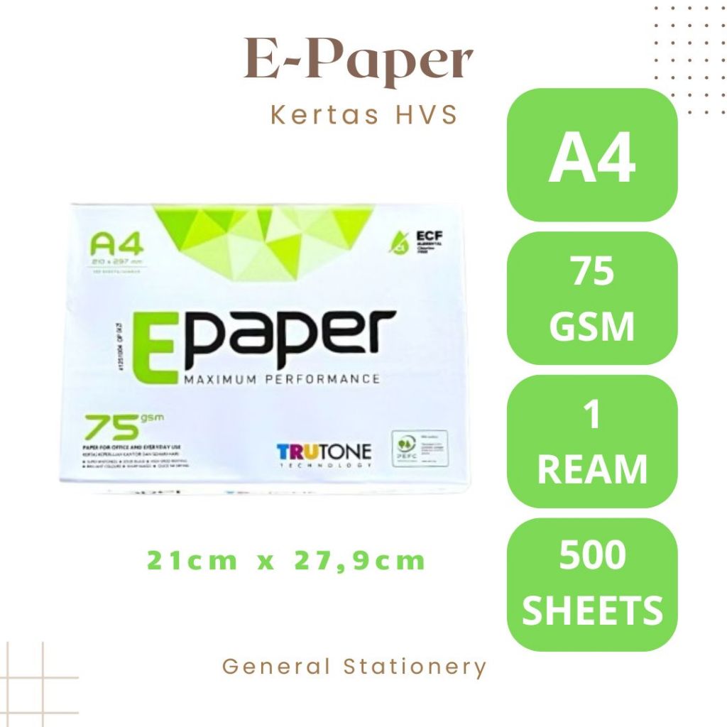 E-Paper HVS A4 75Gsm / A4 75Gsm Photocoopy HVS Paper ยี่ห้อ E-Paper / 1 Ream
