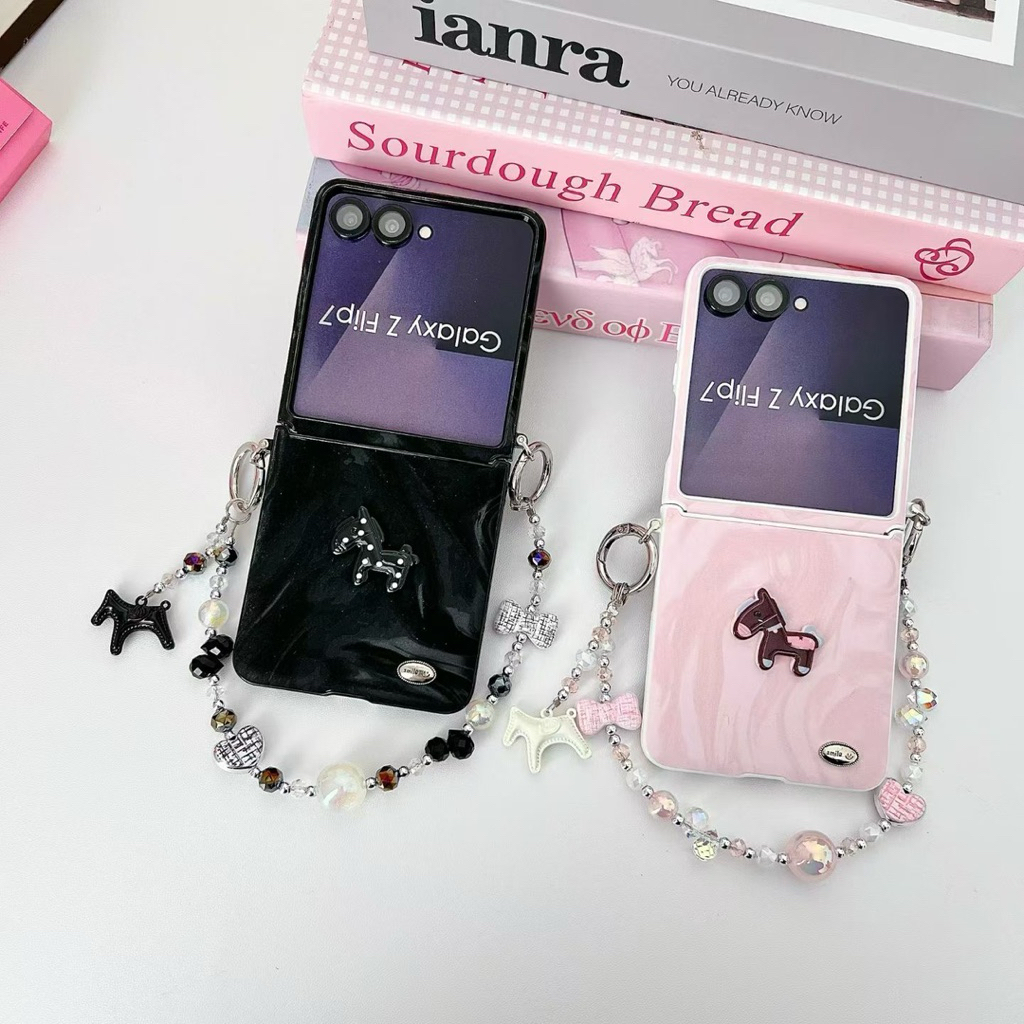 HP GANTUNGAN Samsung Zflipกรณีม้าหนังกลางพับProtectorพร้อมสายโซ่น่ารักTPUเคสโทรศัพท์สําหรับSamsung Z