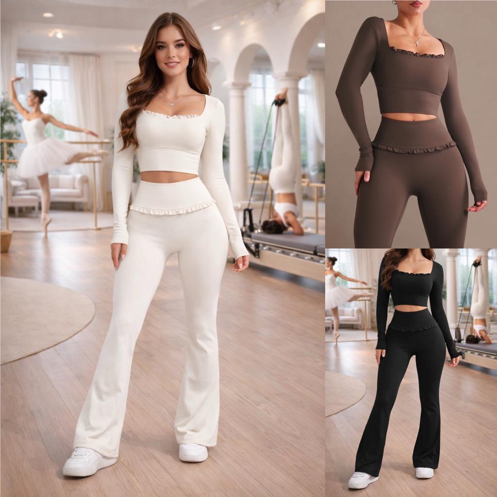 [ใหม่!] Premium SET Pilates Gym Yoga Barre Ruffled Pilates Matching Flared Leggings + Top | ชุดกีฬา