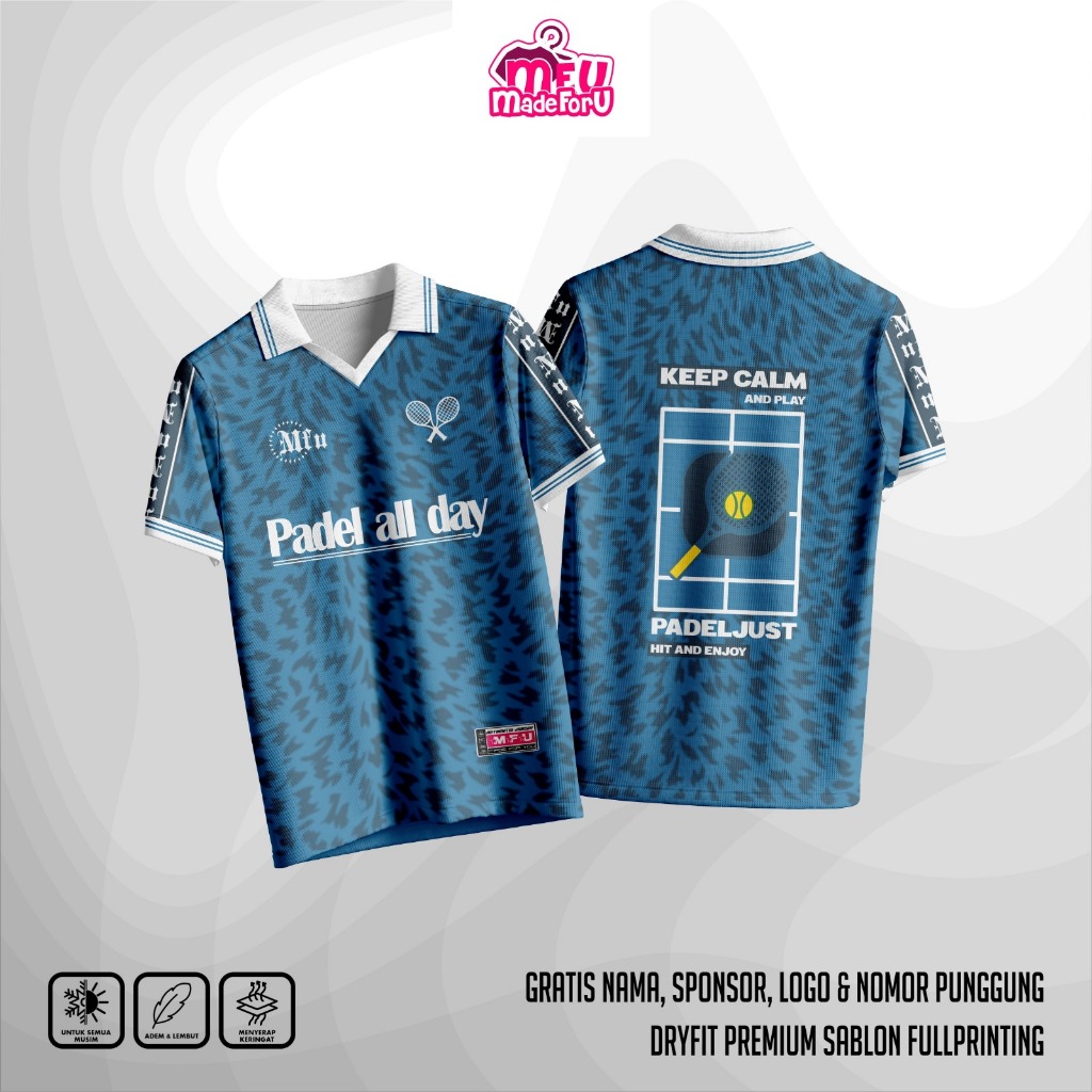 เสื้อคอปกโปโล Padel All Day Leopard Blue | ฟรีโลโก้ชื่อที่กําหนดเองหมายเลข สปอนเซอร์ | Dryfit Premiu