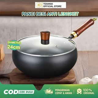 TEXANlA Panci Besi Non-Coating Sehat Multifungsi Anti Lengket Tahan Lama Mudah Dibersihkan Gagang Kayu Dengan Tutup Kaca Tebal Diameter 24cm Kitchenware