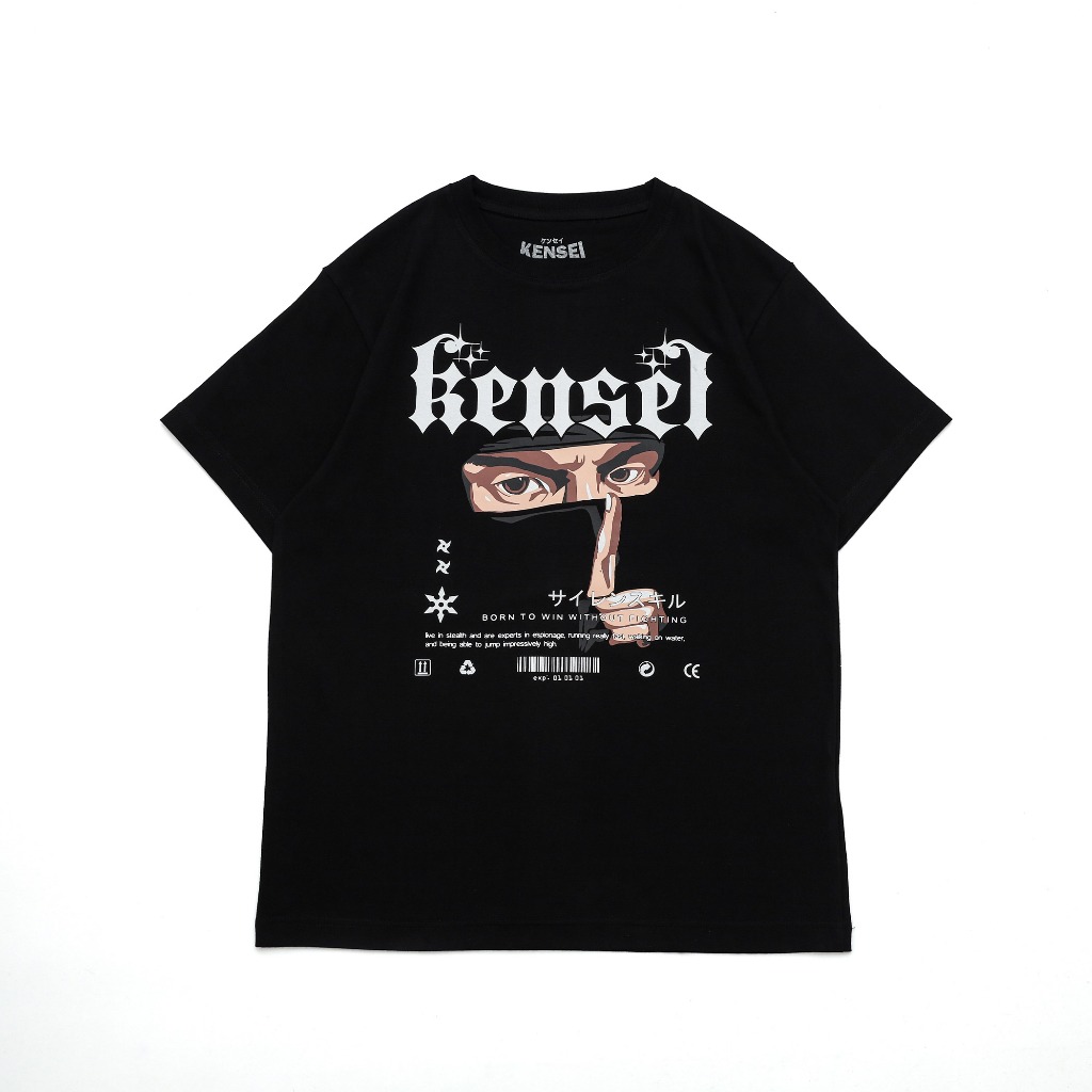 Kensei - Shadow Shinobi ผู้ชายสีดําหวีผ้าฝ้ายเสื้อยืด Plastisol หน้าจอพิมพ์อะนิเมะญี่ปุ่น Streetwear