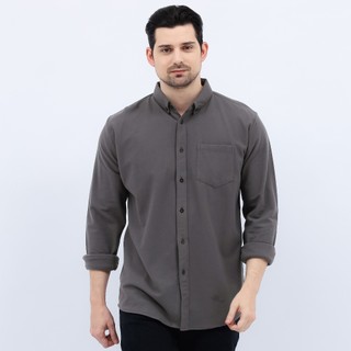 Kemeja Pria Lengan Panjang Abu Tua Cotton Pique Premium Polos Formal Casual