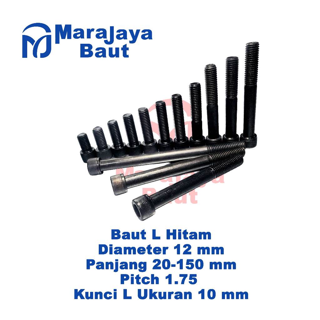 สลักเกลียว L เหล็กสีดํา M12 เส้นผ่านศูนย์กลาง 12 มม. ยาว 60-150 มม. Pitch 1.75 L Key 10 มม.