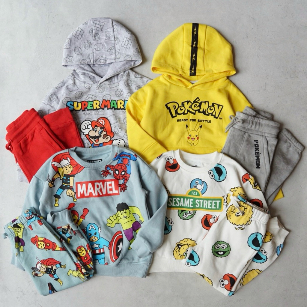 Marvel, Sesame Street, Mario, Pikachu Sweatshirt & Hoodie Set | ขนาด 12m-8y | เสื้อกันหนาวแจ็คเก็ตลู