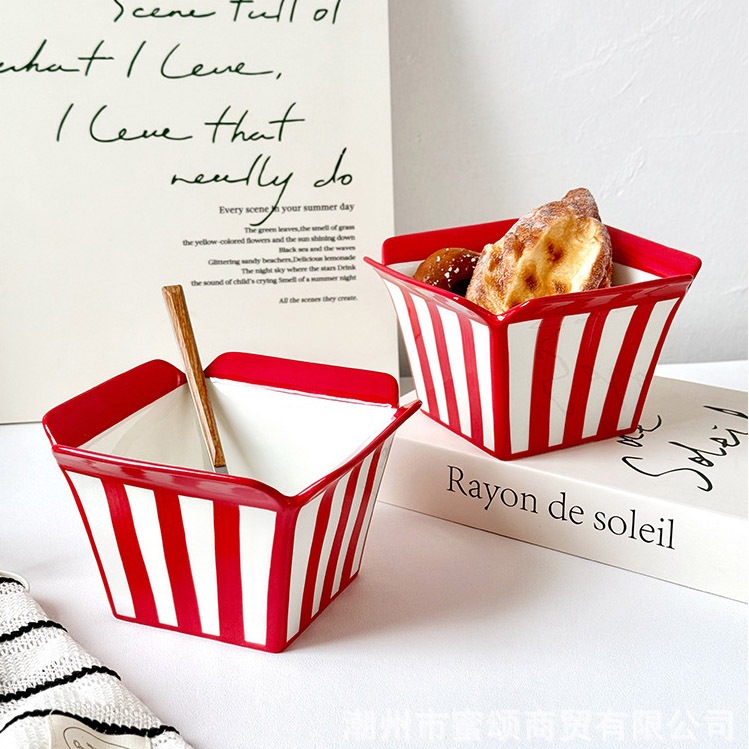 SCARLET - Cute Korean Aesthetic Ceramic Cake Bread Bowl - Aesthetic Ceramic Bowl Stripes Korean