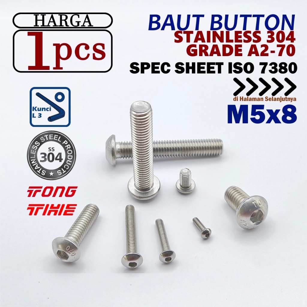 SS 304 / L ปุ่ม Bolt M5x8 สแตนเลส A2-70 ทนสนิม L3 คีย์ BUTS05 M5