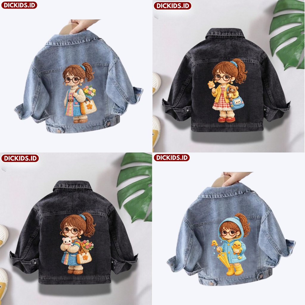 3D KNITTED CHARACTER GIRLS JEANS JACKET AGES 1 - 7 YEARS SNOW BLUE & SNOW BLACK