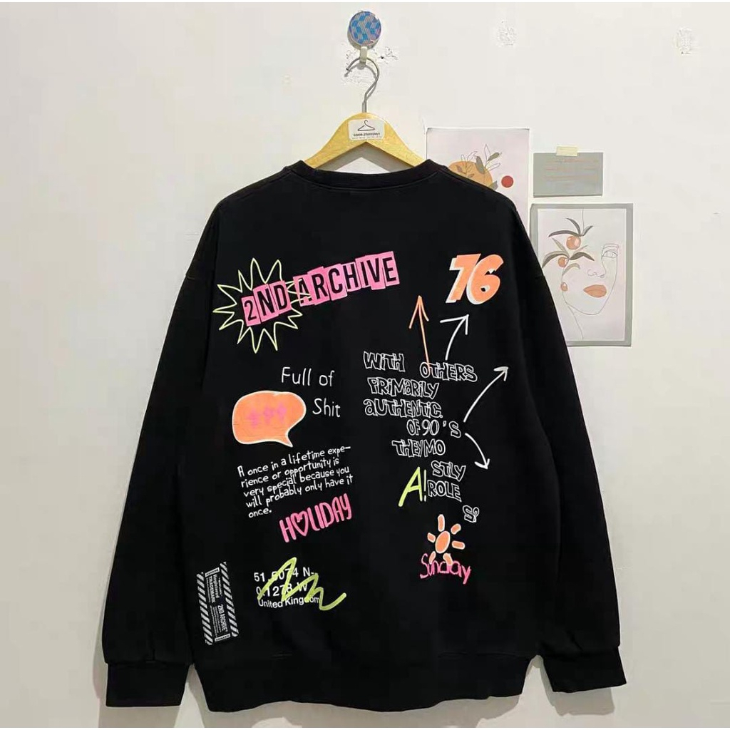 Basic Sweater with retro street style motif 2nd archive sweatshirt คอกลมสําหรับผู้ชายและผู้หญิง แขนย