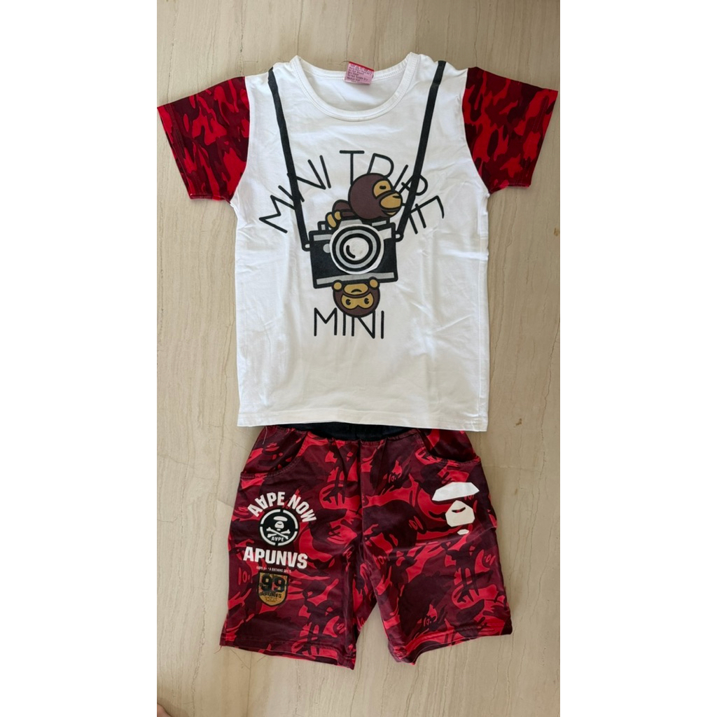 Preloved Bape army red one set เสื้อยืดและกางเกง Bape Mini Camera ผ้าฝ้าย 100%
