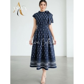 Dress Tenun Wanita Navy Motif Etnik | Dress Tenun Ikat Lengan Pendek | Gaun Tenun Casual Elegan