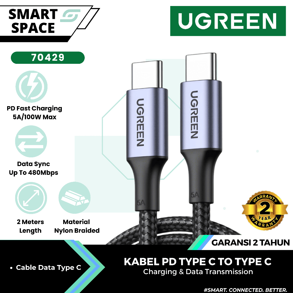 UGREEN 100W Type C to Type C Nylon Braided PD Fast Charging Data Cable Max 5A - รับประกัน 12 เดือนอย