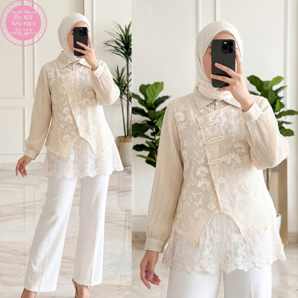Xoba 3577 LD 110 CM เสื้อเบลาส์ผู้หญิง Lavanada Crepe เย็บปักถักร้อย Casual ยาว 3289