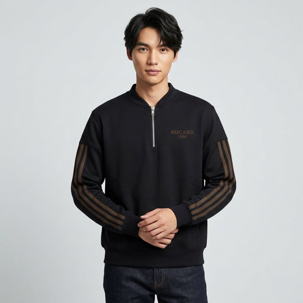 Rucass Black Premium High Quality Quarter Zip Sweater - เสื้อแขนยาววินเทจ