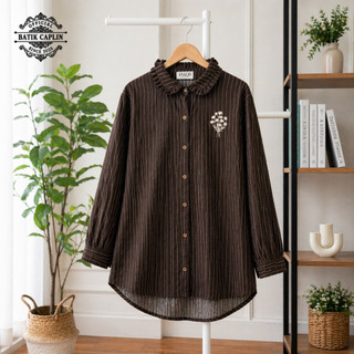 BATIK CAPLIN - Fanya Kemeja Wanita Stripe Bordir Rayon Twill Premium - Kemeja Blouse Wanita Bordir Lengan Panjang Elegan